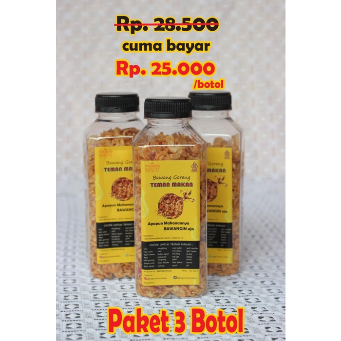 

Paket 3 Botol Bawang Goreng Brebes Asli Murni 100% Premium 150 Gram
