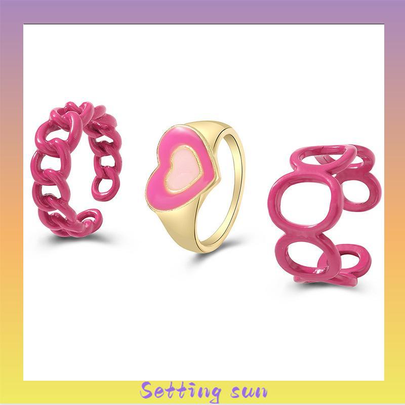 3PCS Heart Geometry Rings Cincin Geometri Jantung Cincin Mode Menetes Minyak yang Dapat Disesuaikan untuk Aksesoris Perhiasan Wanita TN