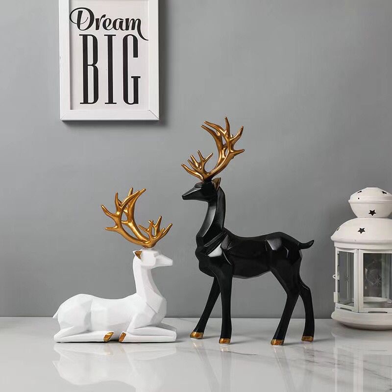 Sepasang Rusa Patung Nordic Geometris Resin Rusa Duduk Rusa Berdiri Hiasan Natal Hiasan Dekorasi Kantor Rumah Aksesoris Interior