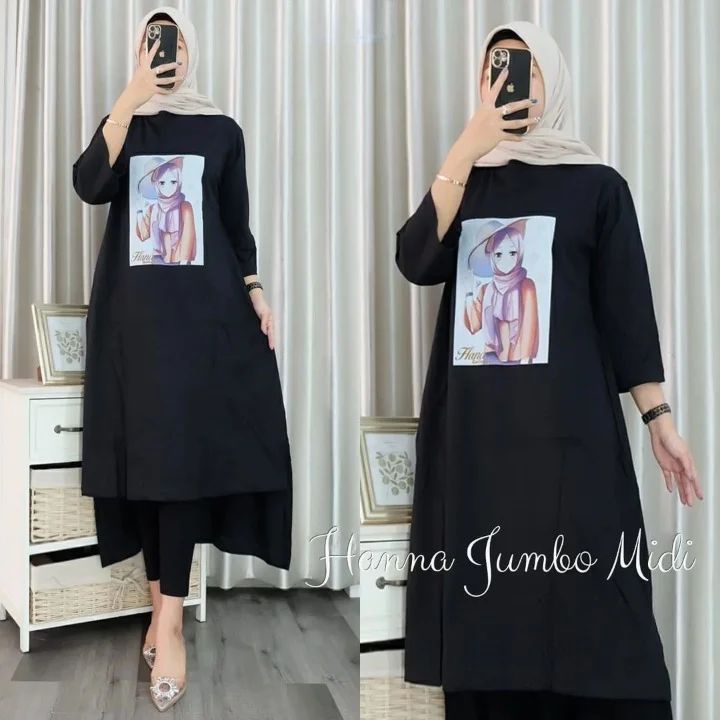 HANA MIDI DRESS M L XL XXL DAPAT GAMIS WANITA ( TIDAK TERMASUK HIJAB ) GAMIS TERBARU BAHAN KAOS KATU