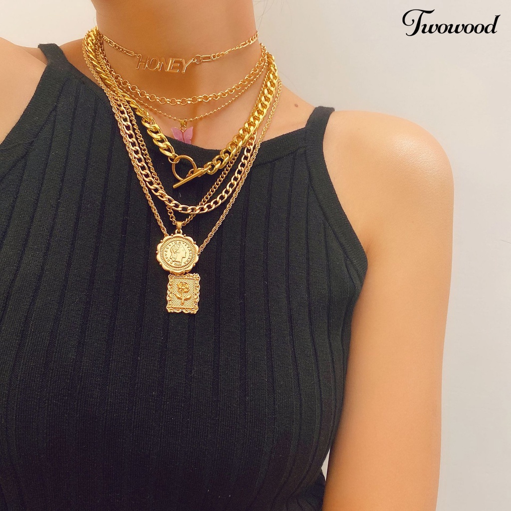 7 Pcs Kalung Multilayer Model Kupu-Kupu Gaya Retro Untuk Wanita