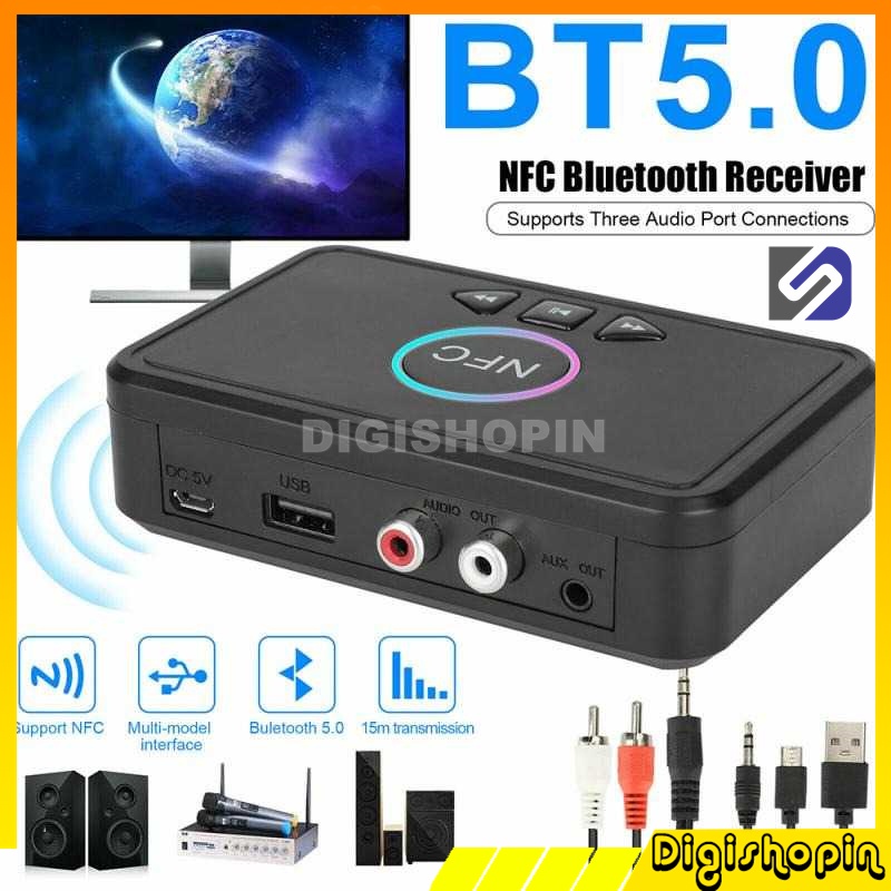 Set to Box Audio Receiver Adapter Bluetooth 5.0 Receiver Adapter NFC RCA AUX USB Receiver Bluetooth Speaker