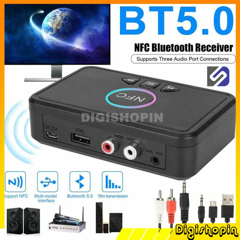 Set to Box Audio Receiver Adapter Bluetooth 5.0 Receiver Adapter NFC RCA AUX USB Receiver Bluetooth 