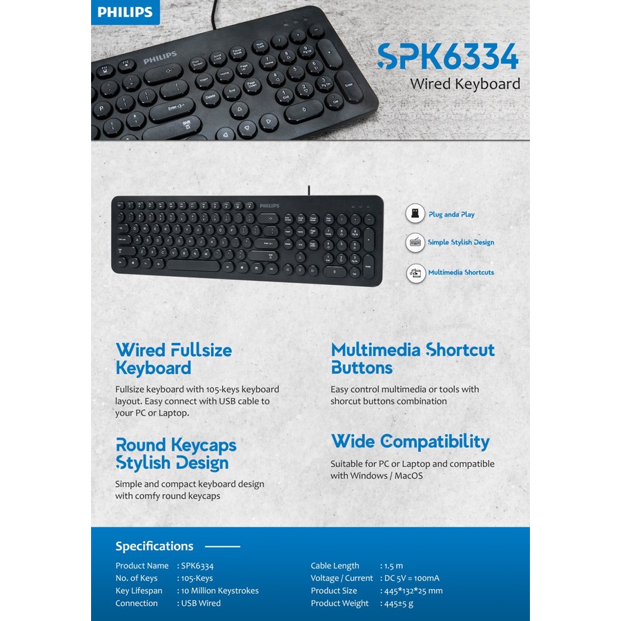 Keyboard Philips K-334 Wired USB - Philips Keyboard Wired K 334