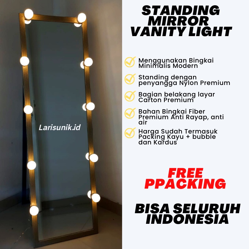 Kaca Full Body Cermin Standing Miror Vanity Lamp LED Dinding Gantung Besar Bingkai Kayu Lampu Bohlam Lamp Kaca Rias Dandan Make Up Mek Up Berdiri Full Body Sebadan Stand Cermin Estetik Estetic Mirror OOTD Penghias Dekor Decor Kamar Tidur Aesthetic LED