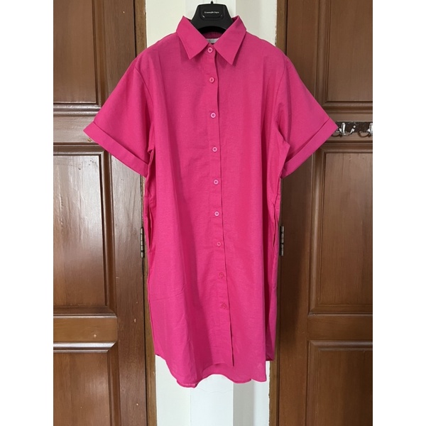Kemeja Tunik Linen Lengan Pendek, Fuschia (E006)