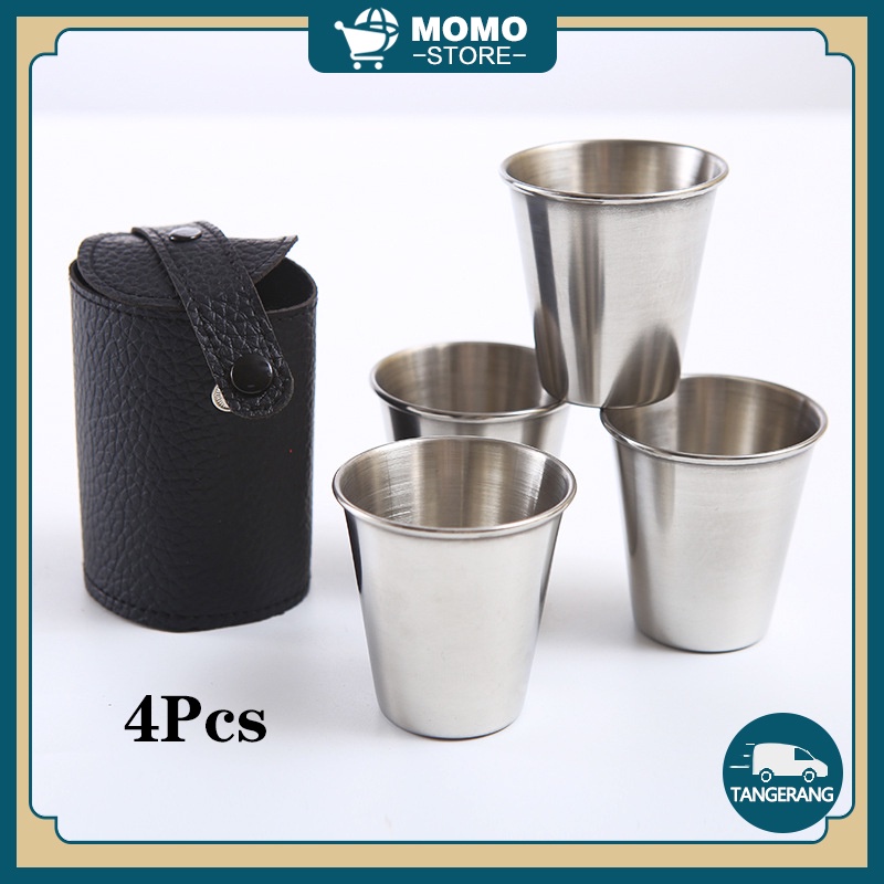 Gelas Mini Sloki Stainless Steel Leather Pouch / Gelas Camping Mug Stainless Steel