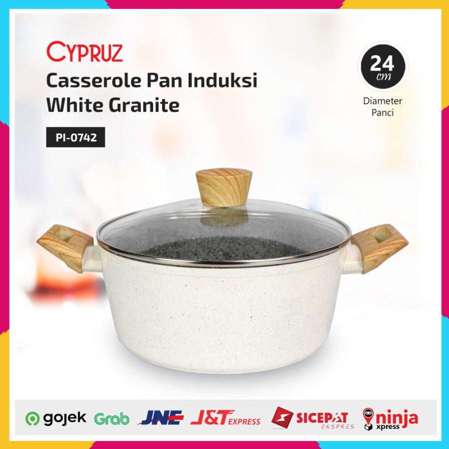 Panci Casserole Pan Induksi White Granite + Tutup 24 cm Cypruz PI-0742