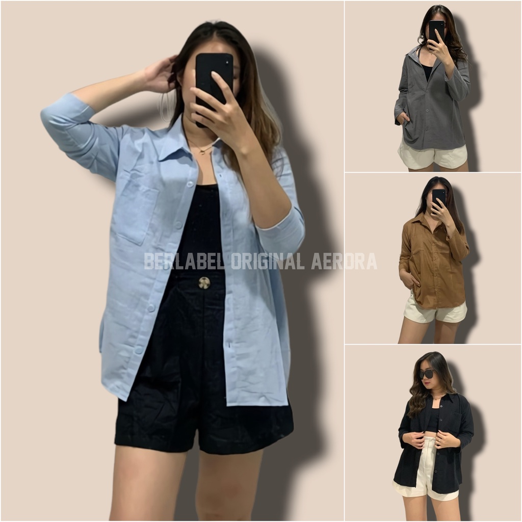Kemeja Linen Lengan Panjang Polos Oversize Shirt Wanita Basic Premium Korean Style Kekinian Ld 112 Pj 67 Allsize