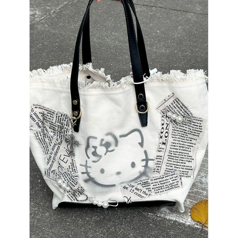 Sera original new kitty cat y2k hot girl embroidery canvas shoulder bag tote bag casual niche cute messenger bag