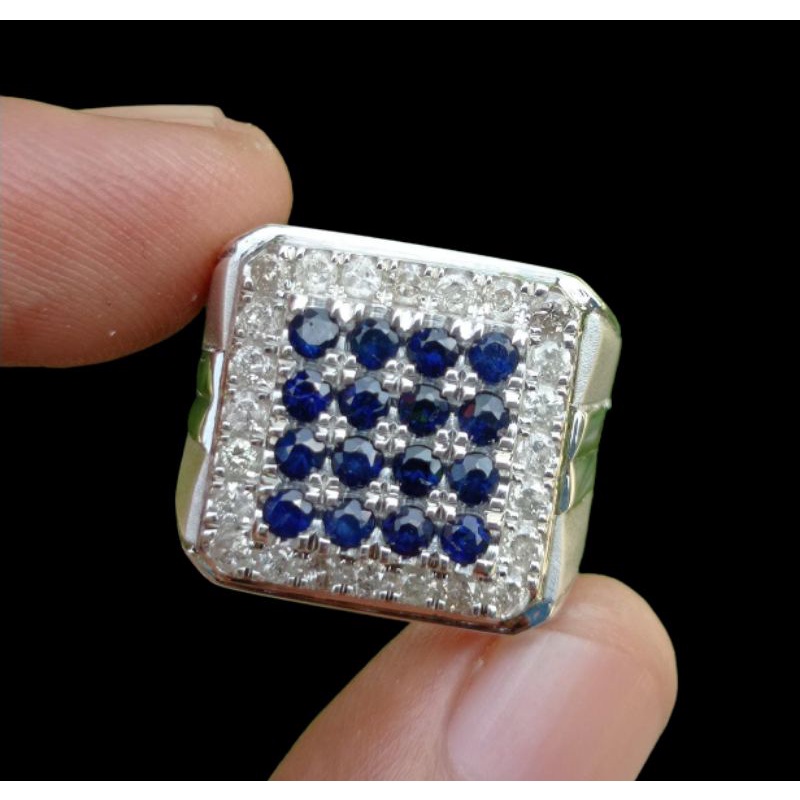cincin berlian pria mata utama 16pcs natural blue safir keliling full berlian eropa ring perak handm