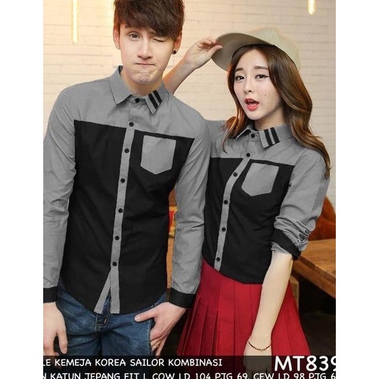KEMEJA COUPLE/KEMEJA PASANGAN/BAJU COUPLE KOREA HEM SAILOR KOMBINASI - Hitam