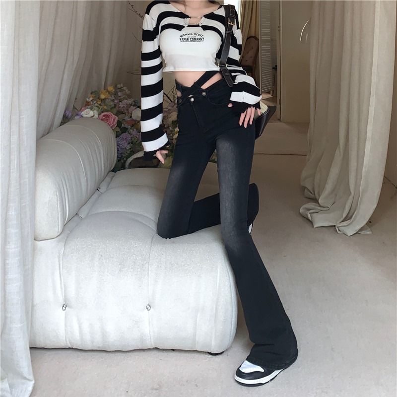 Suhao Plus Ukuran Gaya Hong Kong Retro Jeans Wanita Musim Gugur Baru Cross Sabuk Tinggi Pinggang Ramping Tubuh Menutupi Daging Menampilkan tipis Micro Booth Celana