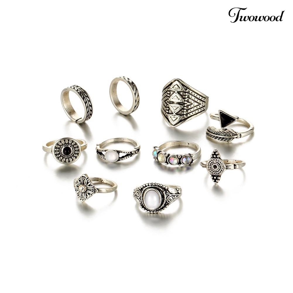 Twowood 10Pcs / Set Cincin Buku Jari Aneka Bentuk Gaya Boho Retro Untuk Wanita