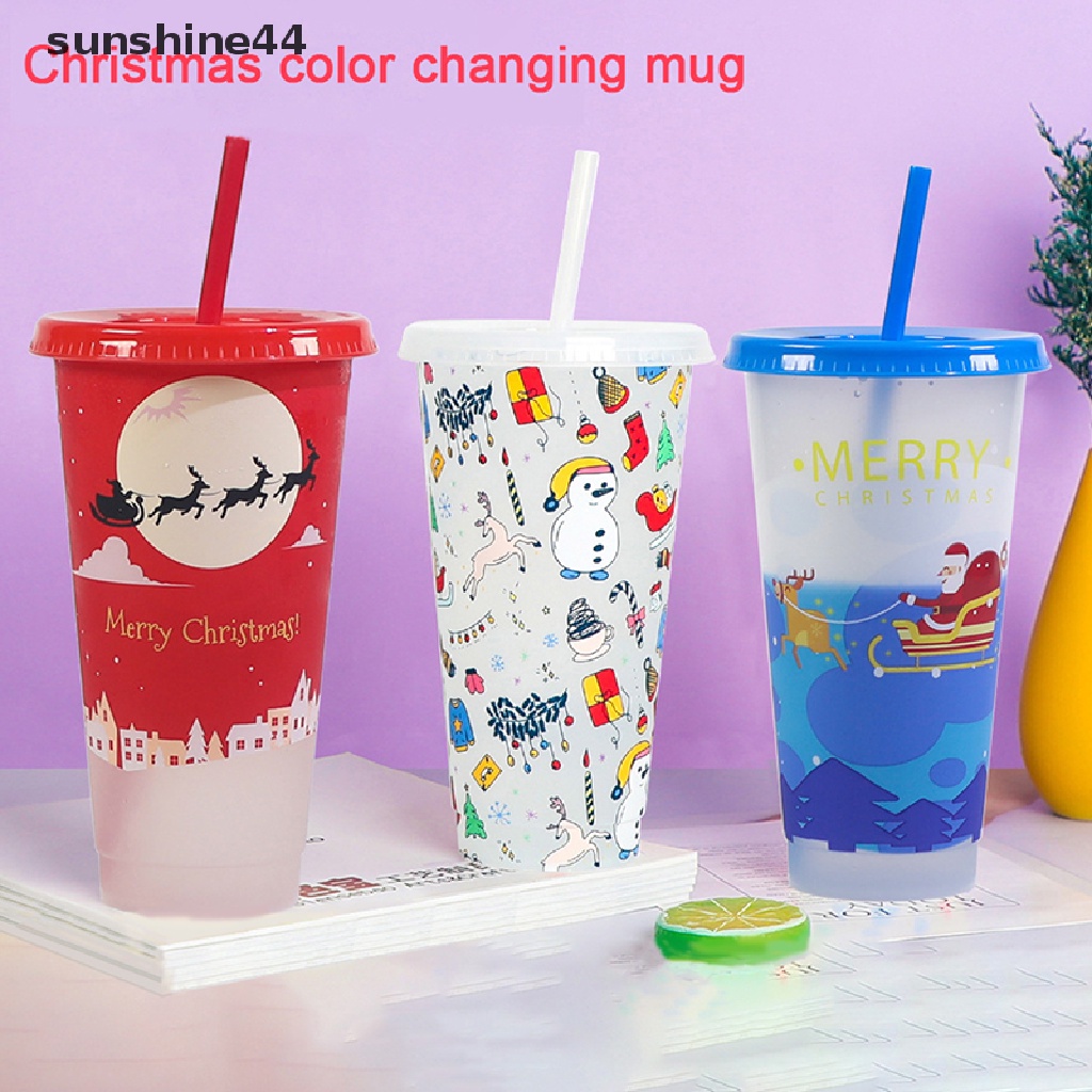 Sunshine Gelas Minum Plastik Motif Natal Dengan Sedotan Dapat Berubah Warna