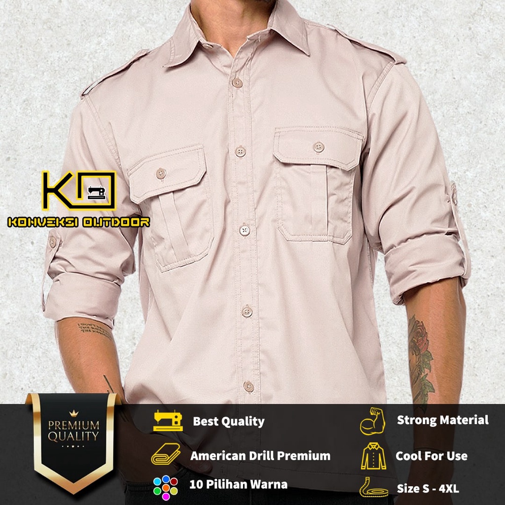 BAJU KEMEJA PDL LAPANGAN OUTDOOR INDOOR PRIA LENGAN PANJANG - Seragam Kerja Kantor Group Kemeja Lapangan Outdoor Gunung Taktikal Comunitas Kemeja Dinas PDH PNS Cargo Safari Paspampres Security Satpam Tactical Americand Drill American America Warna Cream