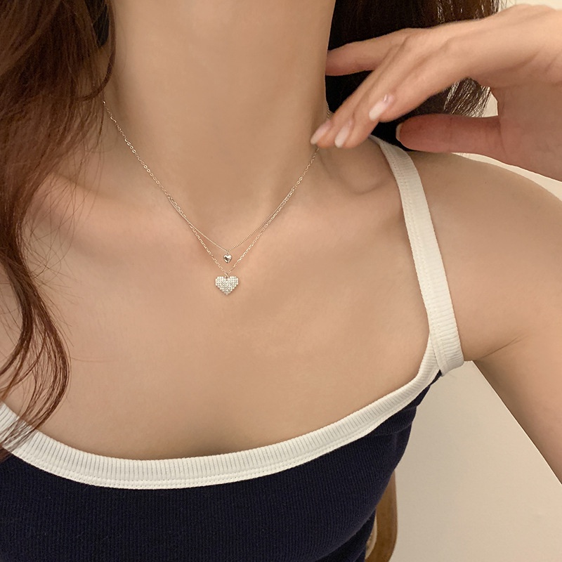 Roselife Kalung Rantai Silver Rumbai Liontin Hati Hias Kristal Zircon Gaya Korea Untuk Wanita