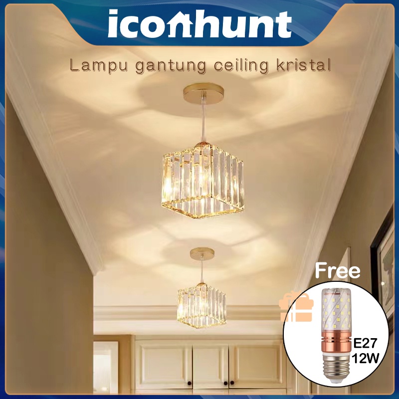 ☑️Garansi&amp;3Warna☑️Lampu gantung tunggal kaca 7288 Kristal Minimalis 2 Model (Kotak &amp; Bulat) Ceiling Lampu Termasuk bohlam E27