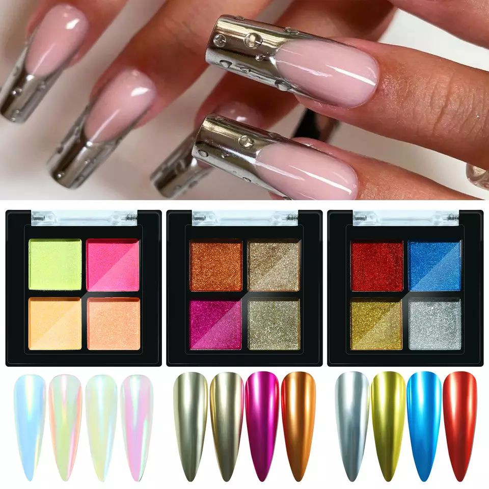 4 Warna Solid Chrome Powder Aurora Mix Color / Bubuk Chrome Compact 4 Color Hiasan Dekorasi Nailart