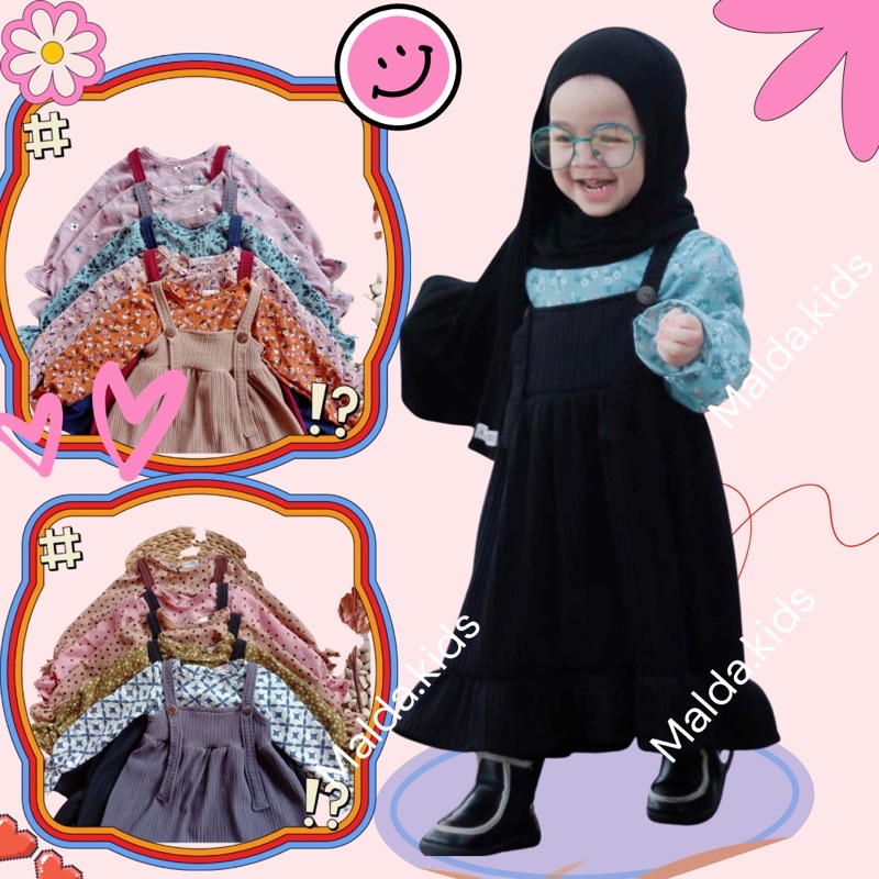 1-4th LEONI OVERALL + INNER CRINKLE DRESS MOTIF BUNGA BUNGA REMPEL ANAK PEREMPUAN