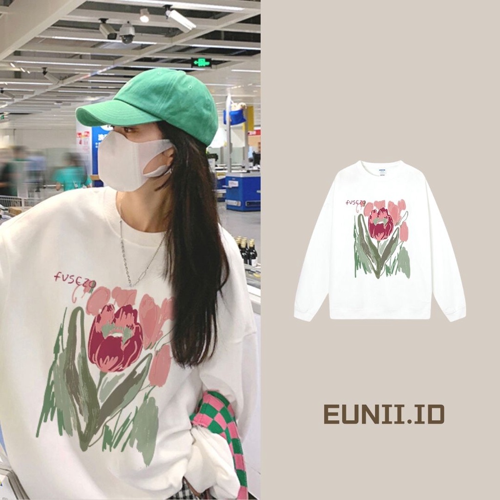 EUNII Sweater Lengan Panjang Cartoon Tulip Korean Style/Hoodie Oversize/Baju Wanita/Switer Wanita