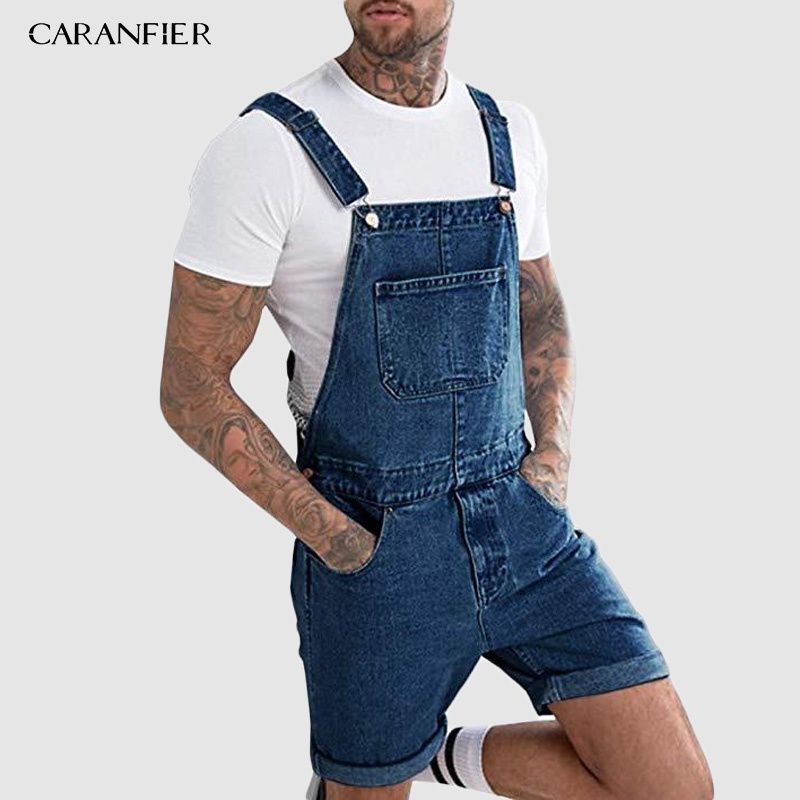 ◇◘Caranfier Musim Panas Pria Jeans Overall dengan Saku Kasual Denim Pendek Jumpsuit Jeans Pria Jeans