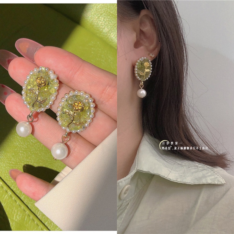 Anting Tusuk Motif Bunga Mawar Hias Mutiara Imitasi Mewah Elegan Ala Korea Untuk Wanita