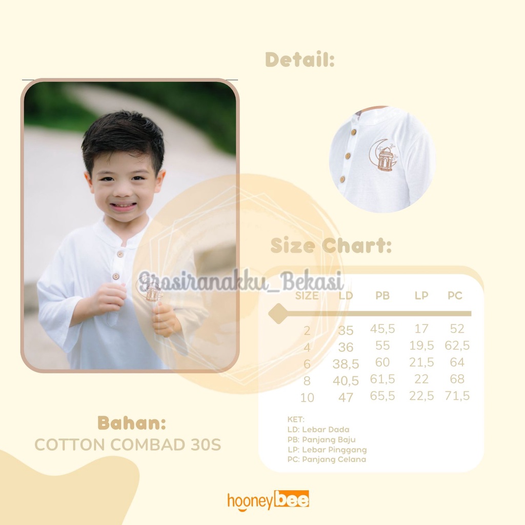 Setelan Koko Anak Habibi Junior Hooneybee  Warna Putih Size 2-10 TAHUN