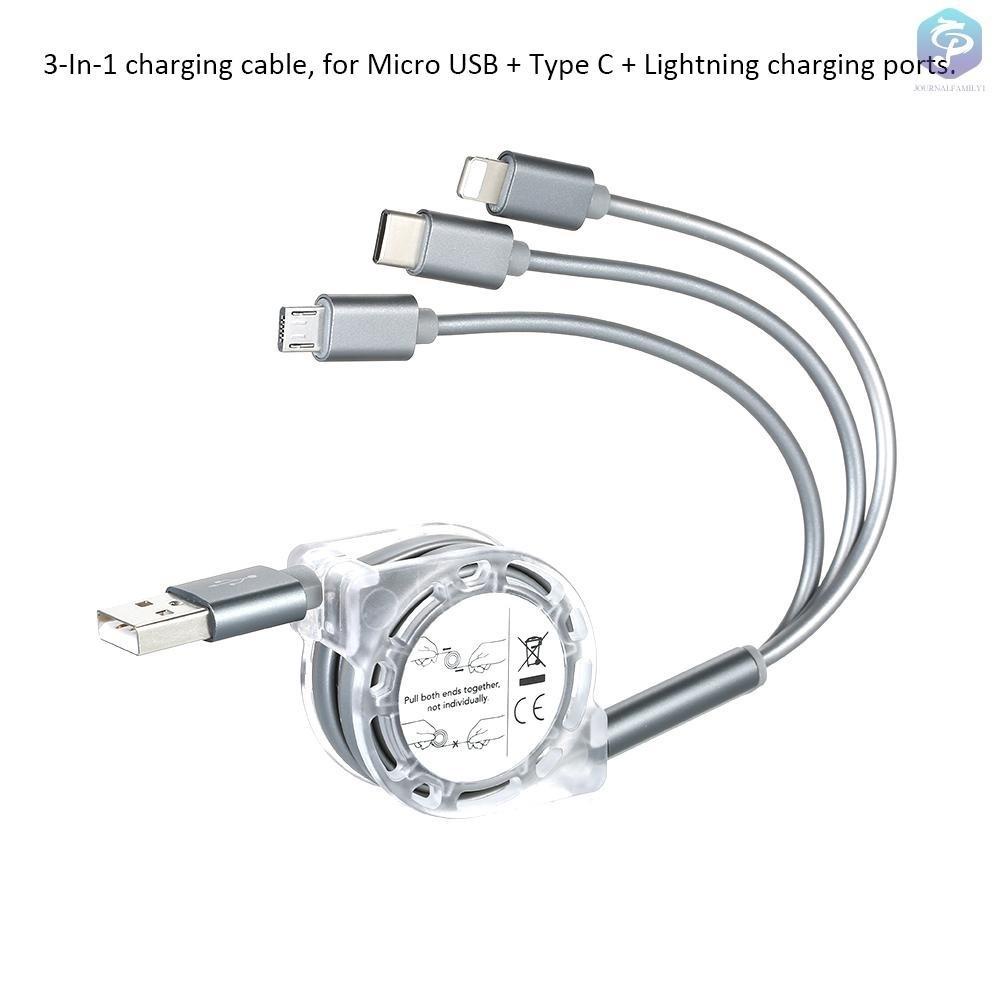 Kabel Charger 3in1 Retractable Micro USB + Lightning + USB Type C Kabel Charger Fast Charger Bisa Untuk Semua Hp