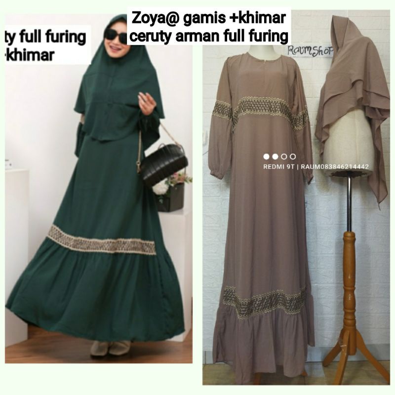 ZOYAA Gamis Ceruty Syar'i Full Furing Set Khimar Renda Mewah Warna Hitam Putih Navi Lemon Hijau Boto