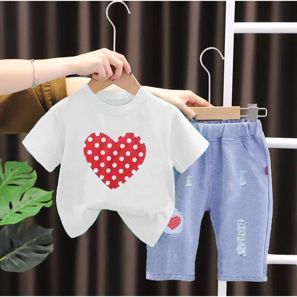 SETELAN ANAK BAJU KAAOS LENGAN PENDEK CELANA PANJANG BAHAN DENIM UMUR 1-5 TAHUN