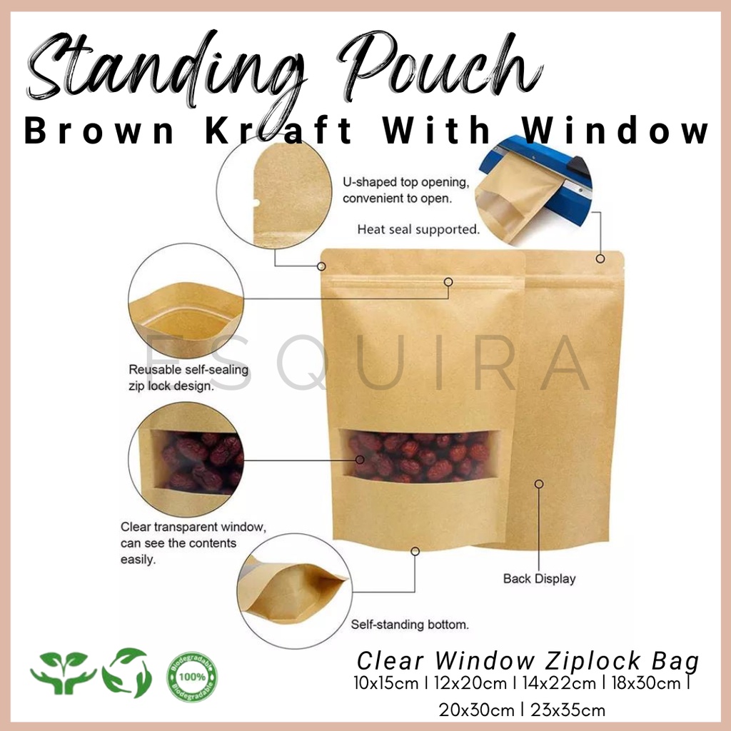 Eco Pack Clear Window Kraft Standing Pouch Ziplock Bag / 10 PCS