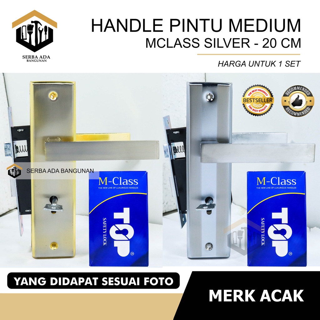 Kunci Pintu Top  GRANDE HIJAU Set Komplit Silver | 20CM | Gagang Kotak NON SILINDER  Handle Kunci Medium 20 cm  Pintu Rumah full Set Silinder Kunci Komplit Bagus Murah