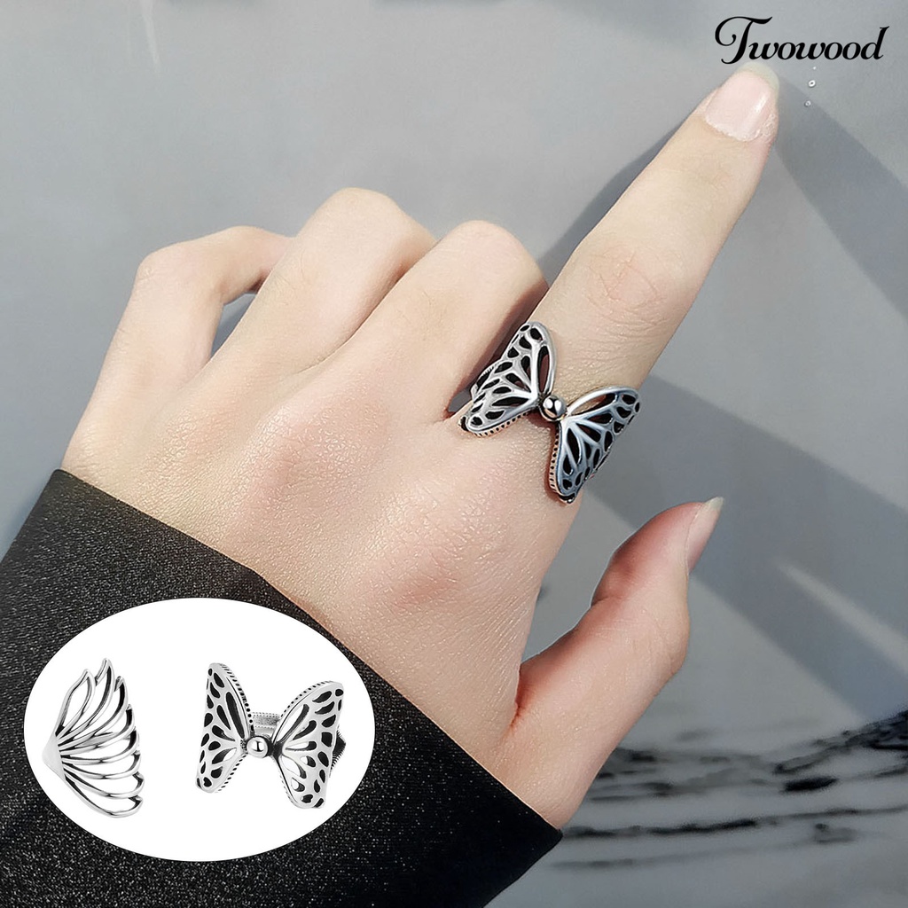 Cincin Model Terbuka Desain Kupu-Kupu Hollow Bahan Tembaga Gaya Hip hop Untuk Wanita