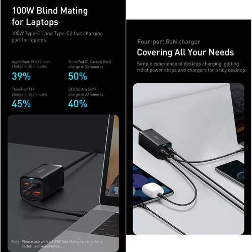 Baseus Desktop Fast Charger GaN3 Pro 100W 2U+2C Garansi Resmi