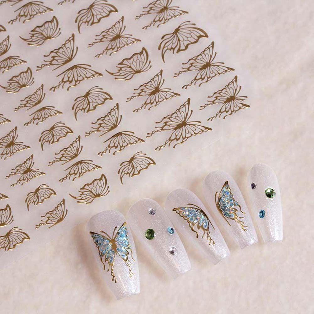 AUGUSTINA Agustina Butterfly Stiker Kuku Tangan Dicat Kupu-Kupu Korea Perekat Diri Hitam Putih Berongga Butterfly Nail Art Dekorasi