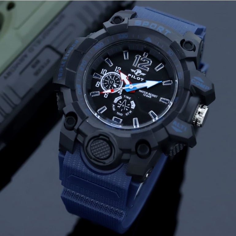 Jam tangan pria PILOT P9000 Strap Karet Water proof Free Batrai