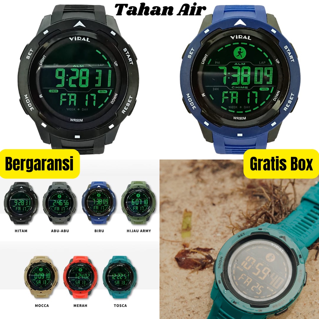 Jam Tangan Couple Anak Muda Keren Sport Pria Digital Stainless Steel Anti Air Army Hitam Polos Viral