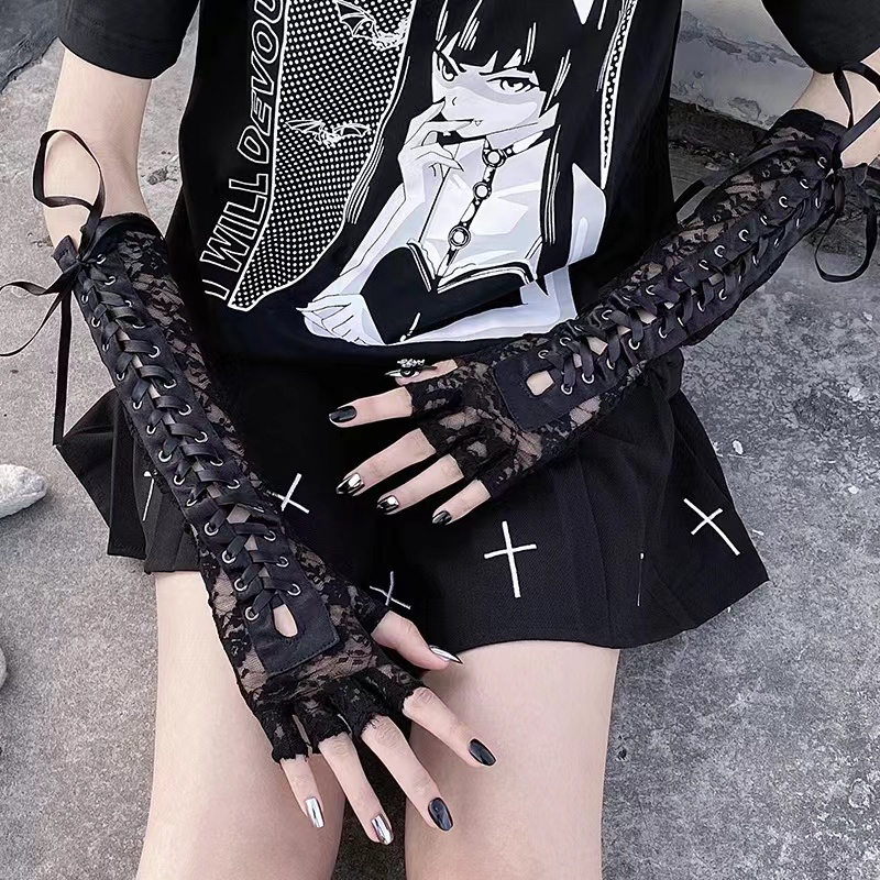 Women Gothic Fingerless Gloves Sewing Fishnet 8541