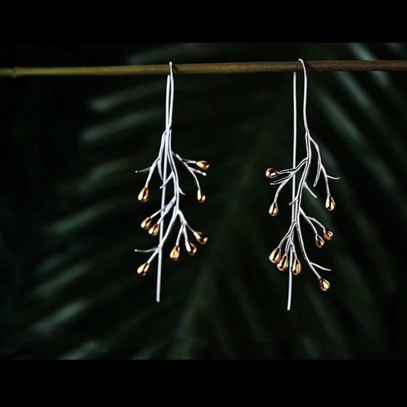 Fancyqube Anting Silver Plated Bentuk Cabang Untuk Wanita