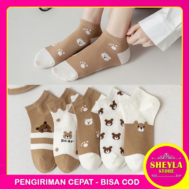 Kaos Kaki Ankle Pria Wanita Motif Beruang Cokelat / Kaus Kaki Pendek Brown Bear Socks Korean Fashion Import / TS-122