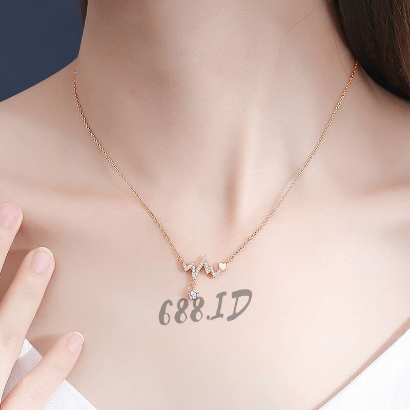 Kalung Rantai Wanita Korea dengan Liontin Detak Jantung Heart Beat Aksen Kristal Berlian Warna Silver Gold Cantik Fashion Necklace Hits NL 15