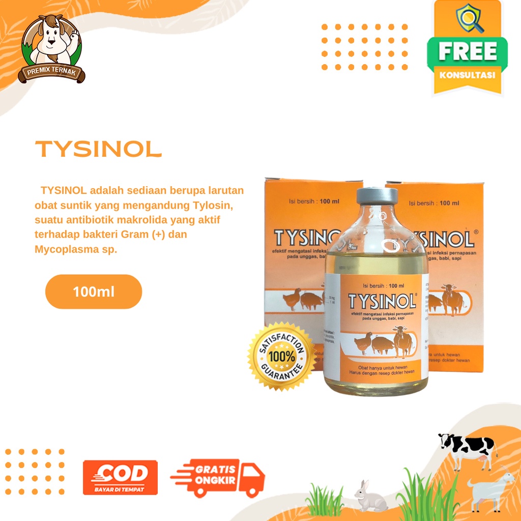 TYSINOL 100ml Medion Antibiotik Pernapasan Penyakit Hewan Ternak Sapi Kambing Domba Babi Unggas Ayam Bebek Kerbau Kelinci