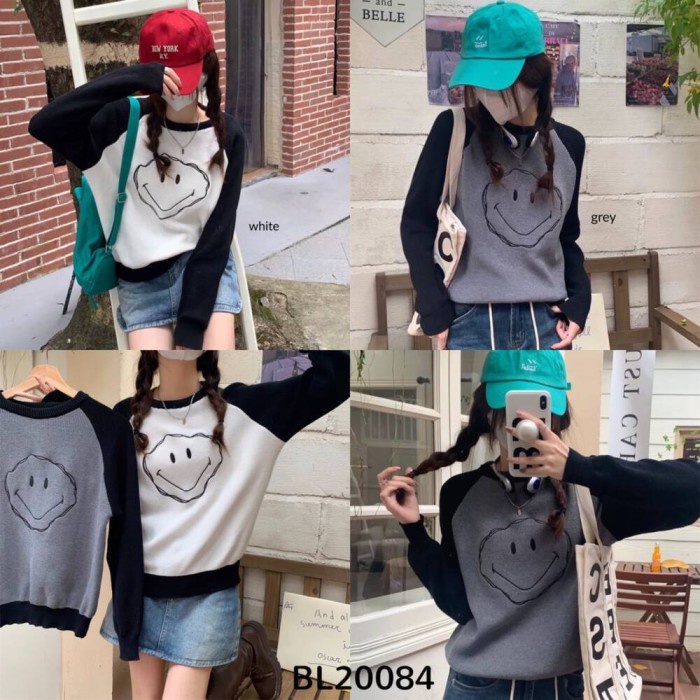 blouse atasan wanita Smiley Face Twotone Knit Blouse