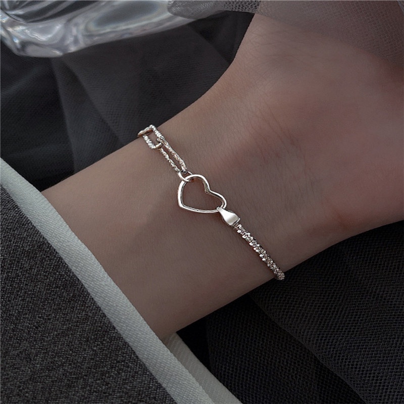 Perhiasan Gelang S925 Silver Bentuk Hati Asimetris Hollow out Glittering Gaya Korea Untuk Wanita