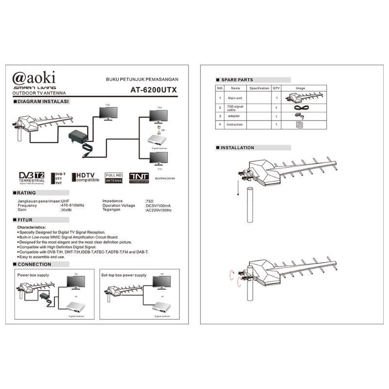 ANTENA LUAR AOKI UTX DILENGKAPI DIGITAL AT6200 OUTDOOR ANTENA BOOSTER