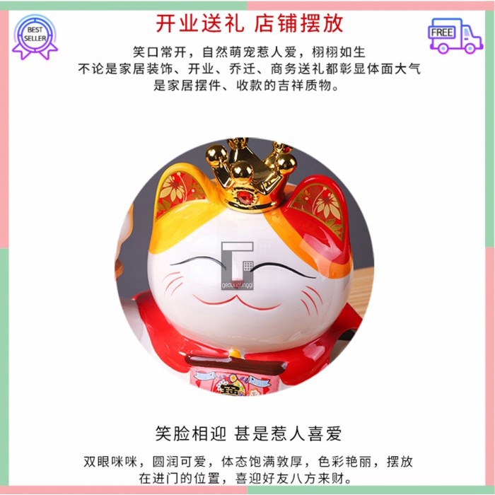 Patung Pajangan Boneka Dekorasi Hiasan Kucing Ikan Mas Emas Koi Koki Bawa Panggil Rejeki Rezeki Hoki Maneki Neko Maneko Neki Lucky Cat Keberuntungan Tangan Goyang Gerak Meja Kasir Toko Cina China Jepang XL Jumbo Besar Keramik Listrik Baterai Batrai Batre