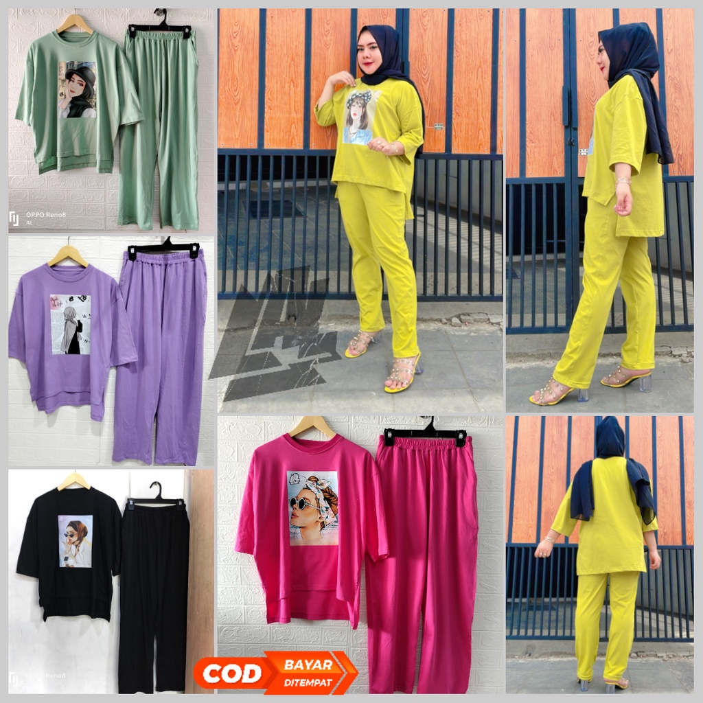 (SETELAN) ONE SET OVERSIZED COTTON COMBED 24S HIJAB JUMBO PRINTING DTF PREMIUM VIRAL BAJU KAOS CELANA BASIC TOP MODEL PINGUIN ATASAN SETCEL LENGAN 7/8 KATUN KARAKTER