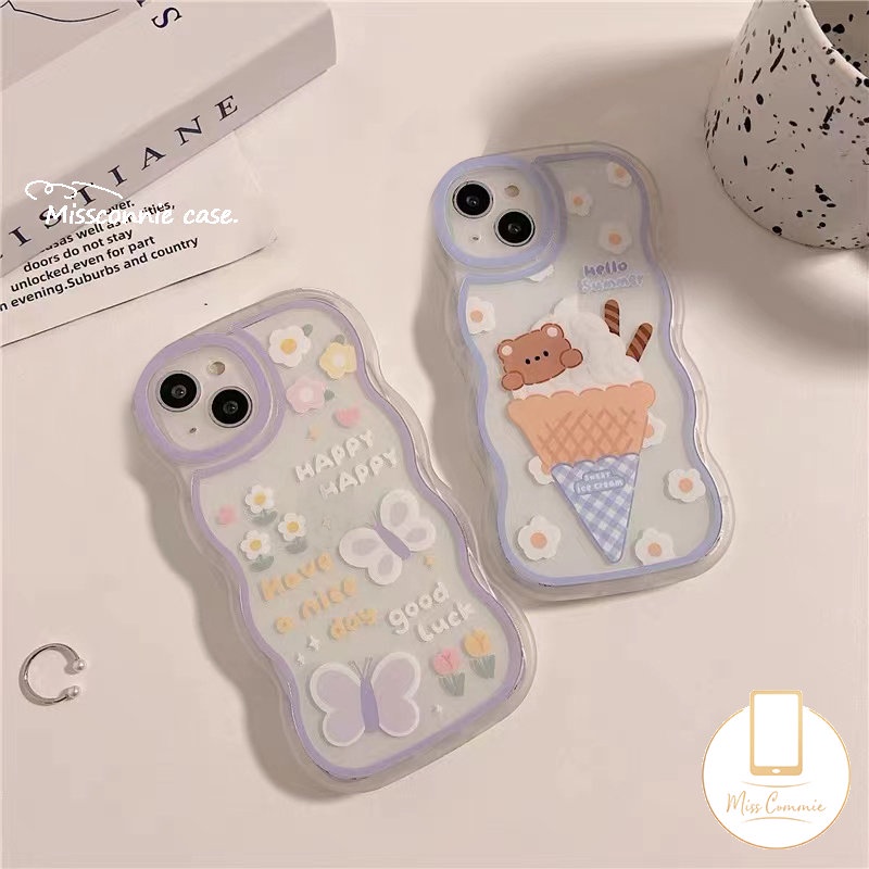 Case Samsung A04s A53 A04 A52 A51 A03 A04E A12 A13 A50 A31 A52s A23 A22 A32 A03s A14 A21s A20 A50s A02s A30s A11 Romance Butterfly Kartun Ice Cream Bear Lucu Lembut Bergelombang Penutup Tepi