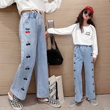 Celana Kulot Panjang Anak 12 tahun Bahan Jeans Bordir Buah Cherry | Celana Anak Perempuan | Korean Style Outfit Kekinian